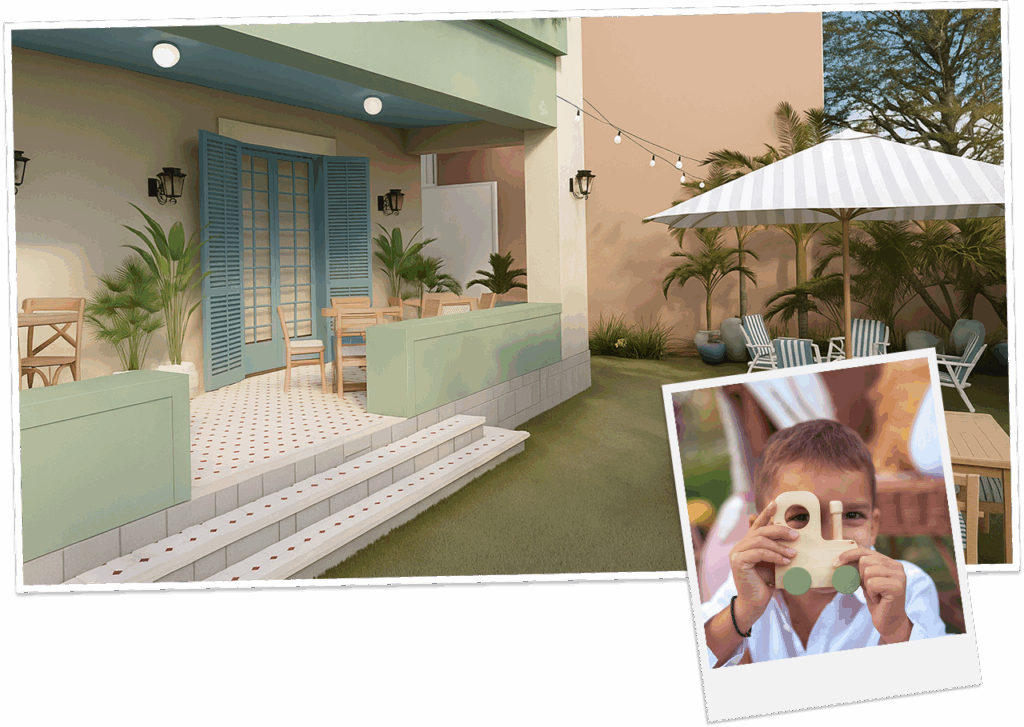 Casa Beliê varanda com mobiliário de madeira, piso antiderrapante, decoração em cores suaves, plantas tropicais e iluminação aconchegante, ideal para lazer e eventos ao ar livre.